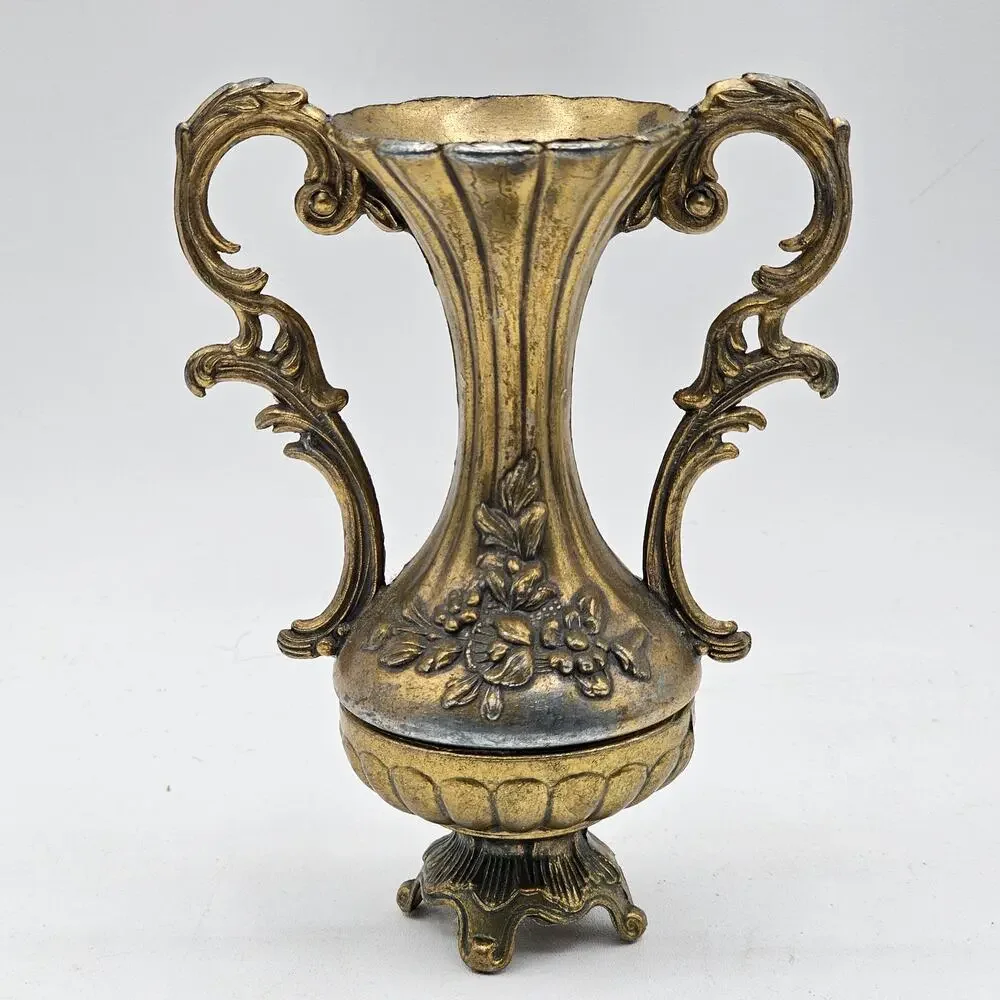 Vintage Italian Metal Bud Vase Gold Tone Ornate Floral Relief Scrolled Handles